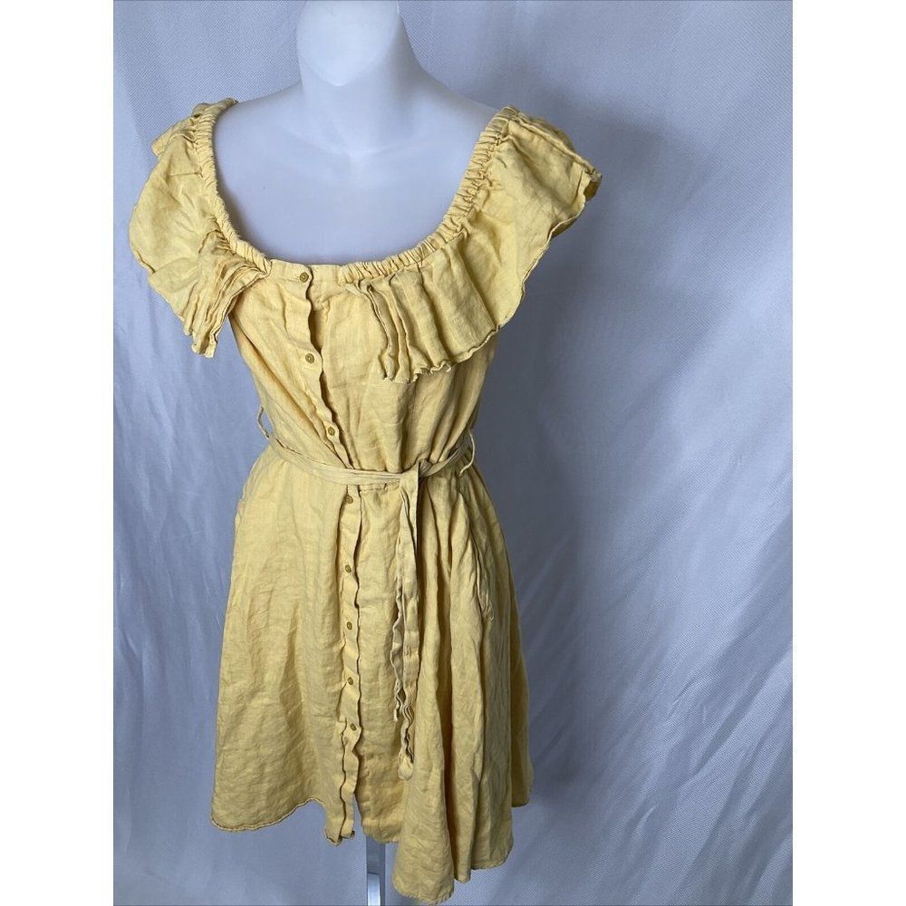 Zara Large Boho Off Shoulder Knee Length Yellow Linen Dress Date Night Romantic - Picture 2 of 8